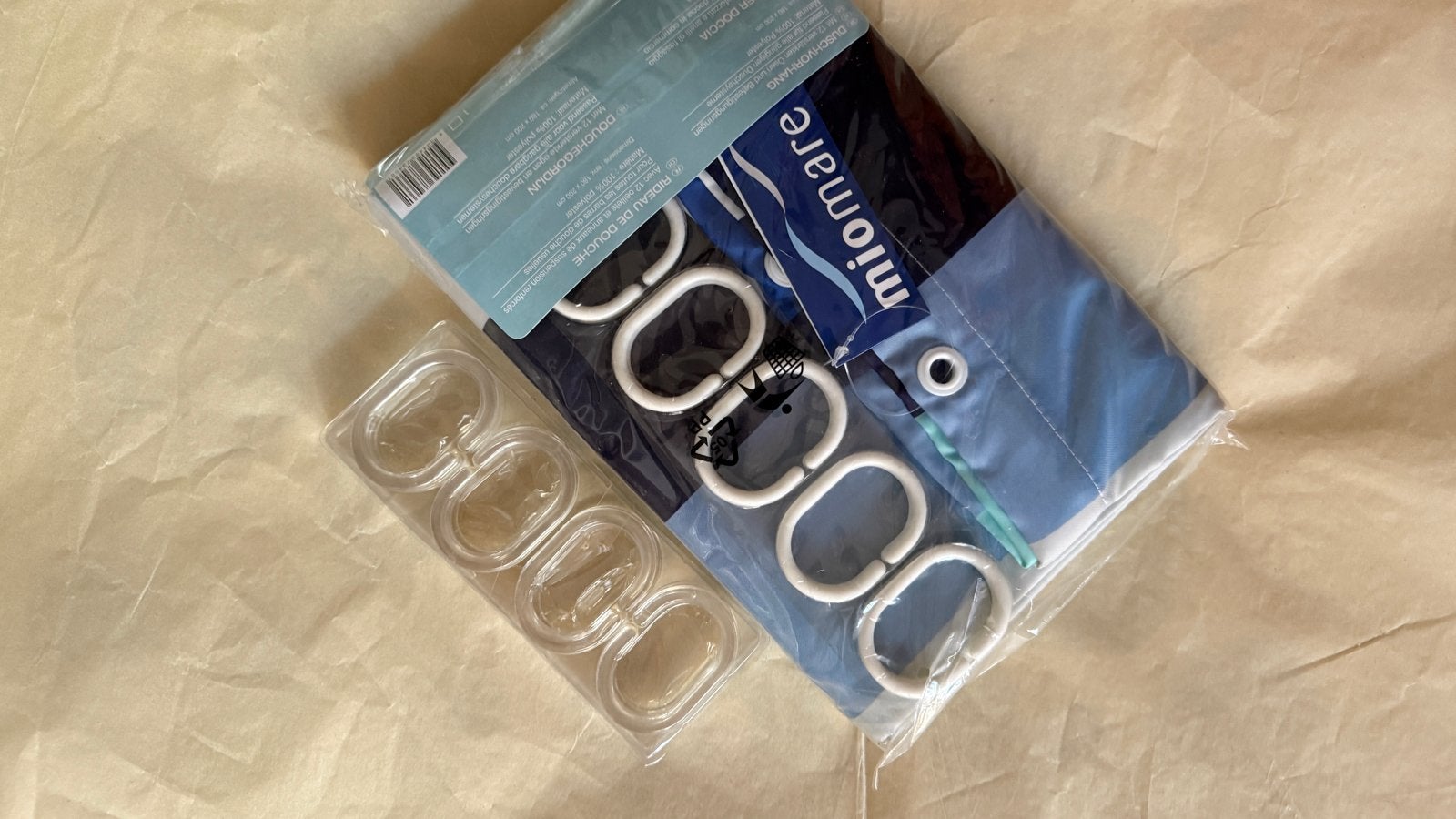 Miomare Douchegordijn Blauw Gestreept met Ringen, Blauw, Overige merken, Nieuw, Ophalen of Verzenden