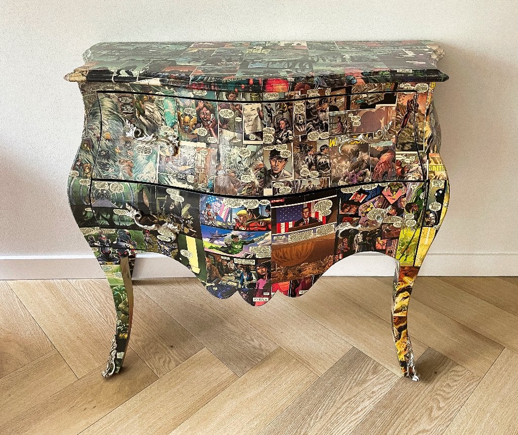 Unieke commode met stripboek-collage - Louis XV Comics, Ophalen, Gebruikt, 100 tot 150 cm, 1 of 2 laden