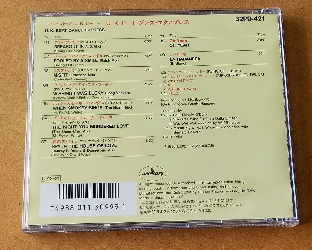 U.K. Beat Dance Express CD 1987 Japan ABC Yello Swing Out Si, Cd's en Dvd's, Ophalen of Verzenden, Gebruikt, Pop