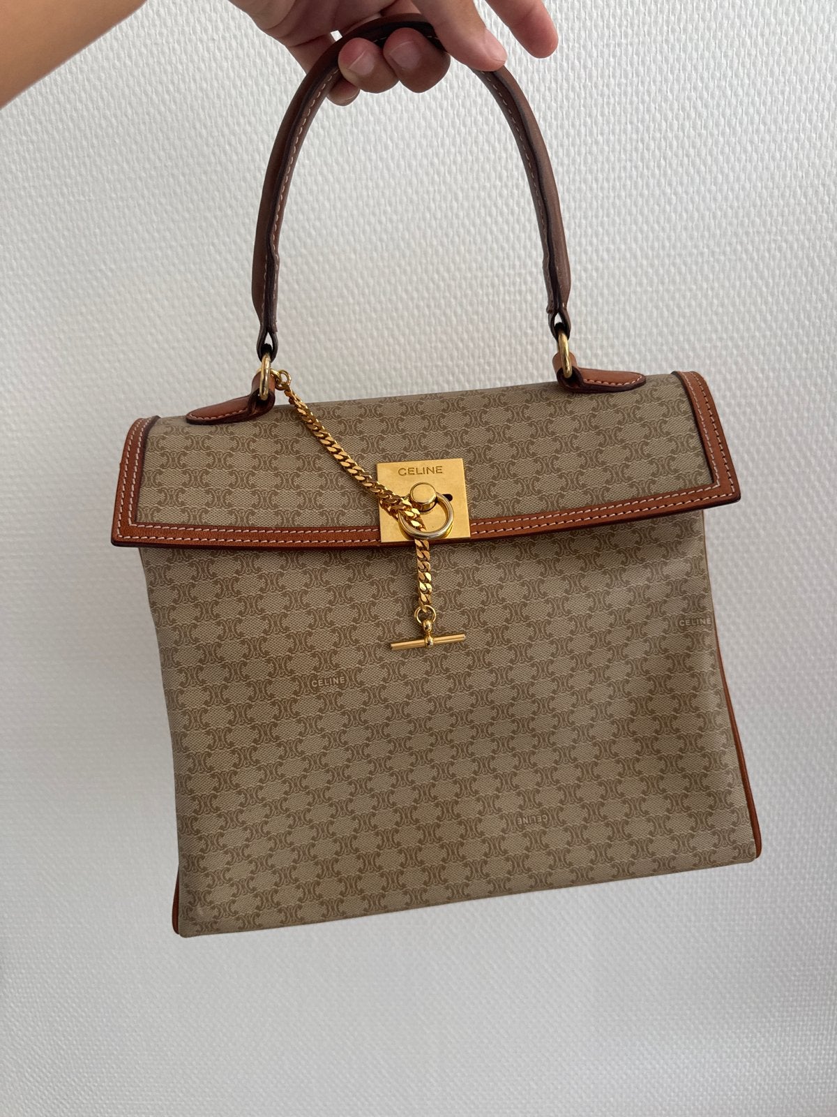 Celine Macadam Handtas Beige/Bruin Vintage, Ophalen, Gebruikt, Beige, Handtas