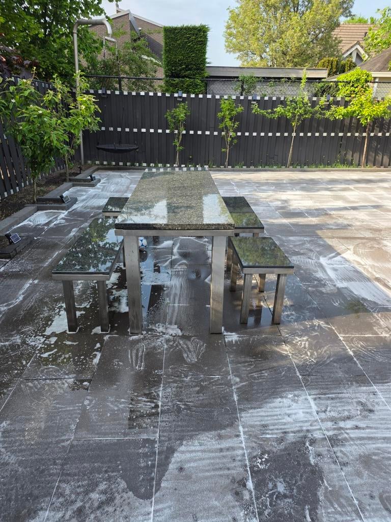 Granieten tuintafel met bankjes - RVS onderstel, Ophalen of Verzenden