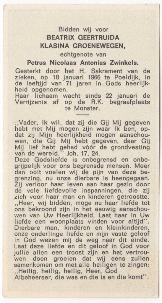 Beatrix G.K. Groenewegen 1894 Naaldwijk + 1966 Poeldijk, Verzenden