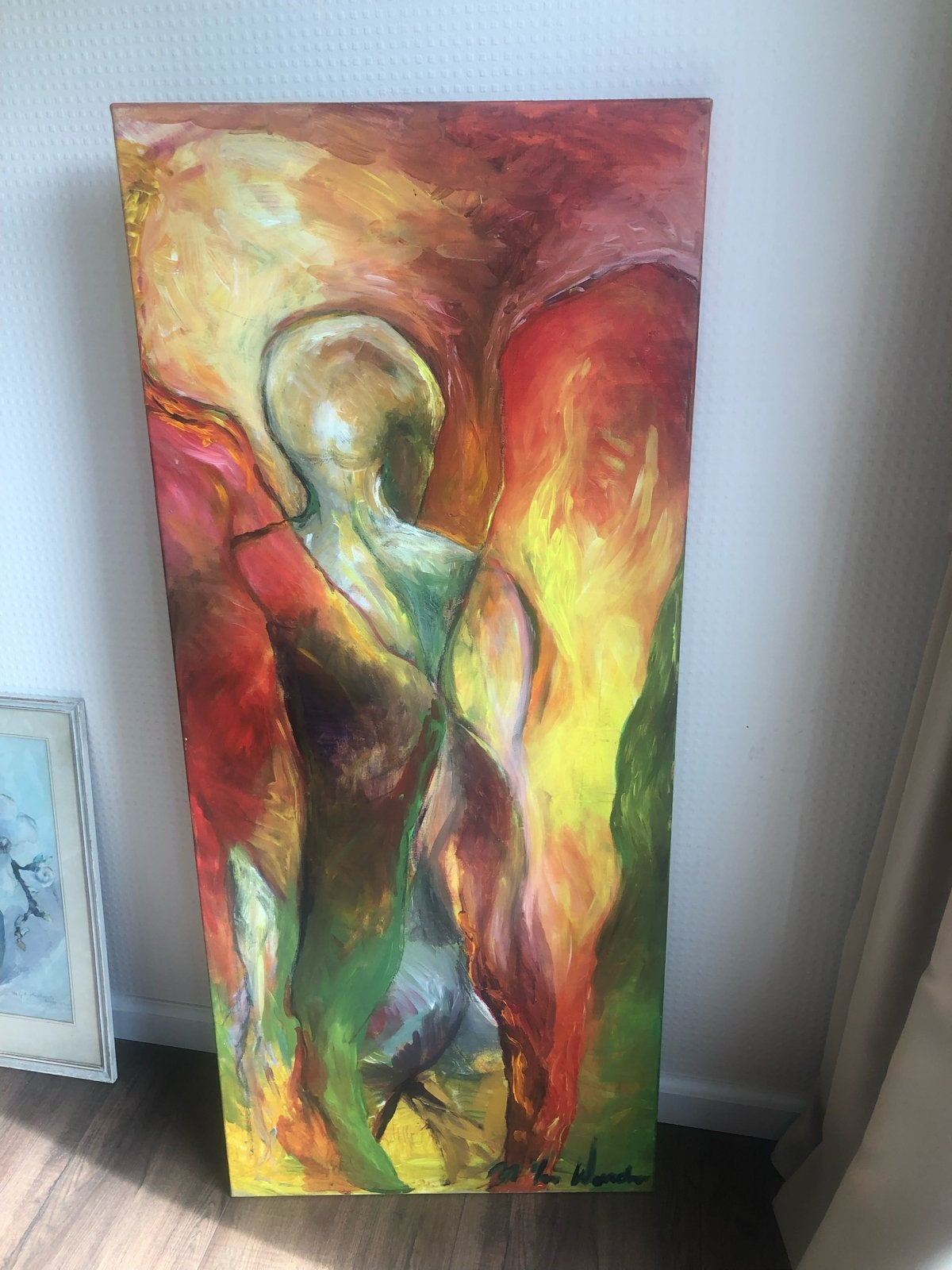 Groot schilderij, Silhouet, 140x60 cm, Ophalen, Figuren, Textiel, Gesigneerd
