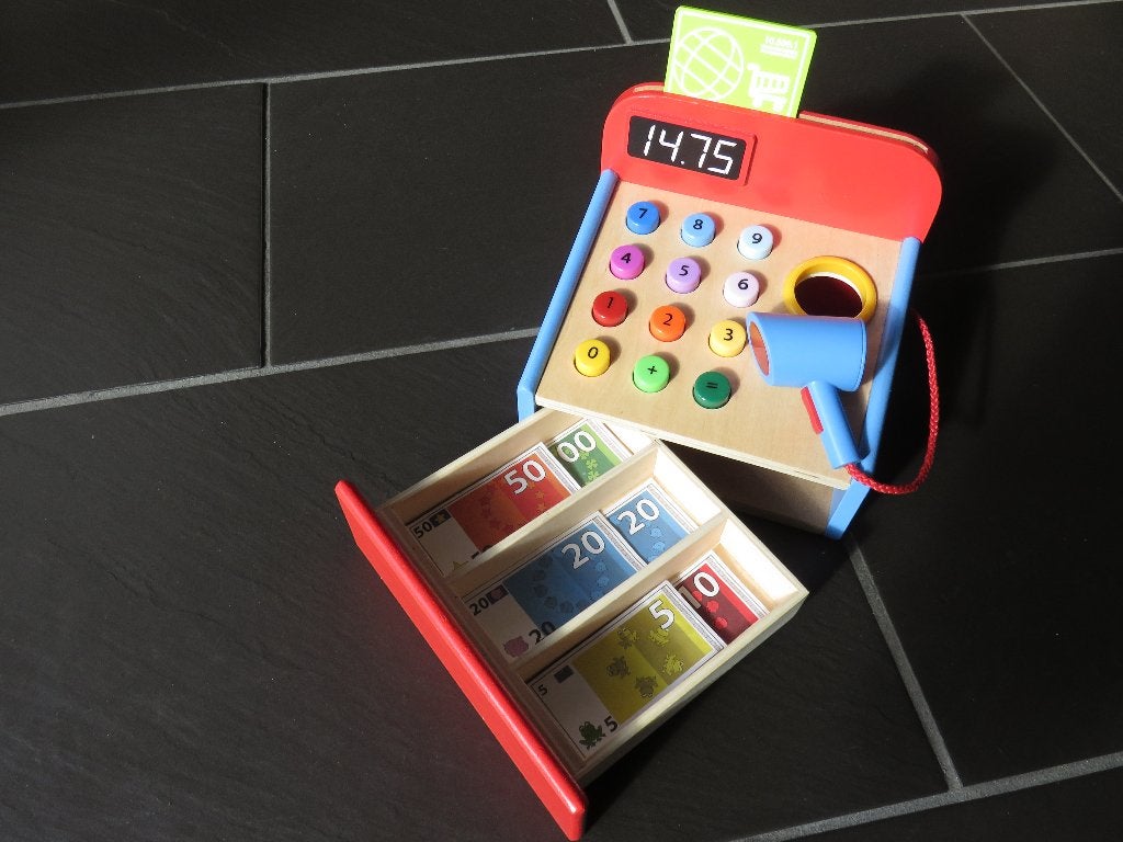 Houten kassa met scanner en geld. Scanner met piep en licht, Ophalen of Verzenden, Zo goed als nieuw