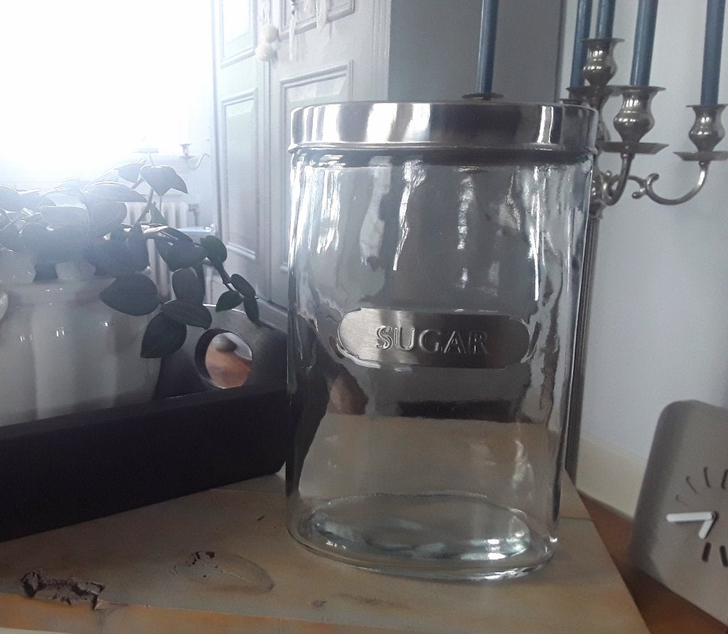 Grote voorraadpot voor suiker van dik glas met metalen dekse, Voorraadpot, Ophalen of Verzenden, Gebruikt, Glas