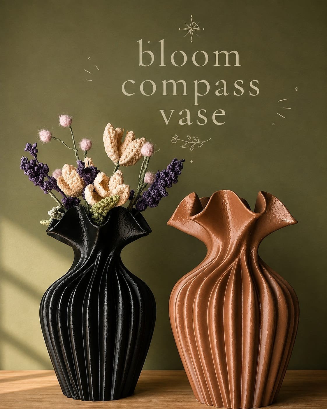 3d vaas Bloom Compass vaas, Kunststof, Bruin, 3D-geprint, Nieuw