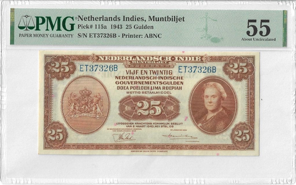 25 Gulden 1943 Nederlands-Indië Muntbiljet (P-115a) PMG 55, Postzegels en Munten, Bankbiljetten | Nederland, Ophalen, 25 gulden