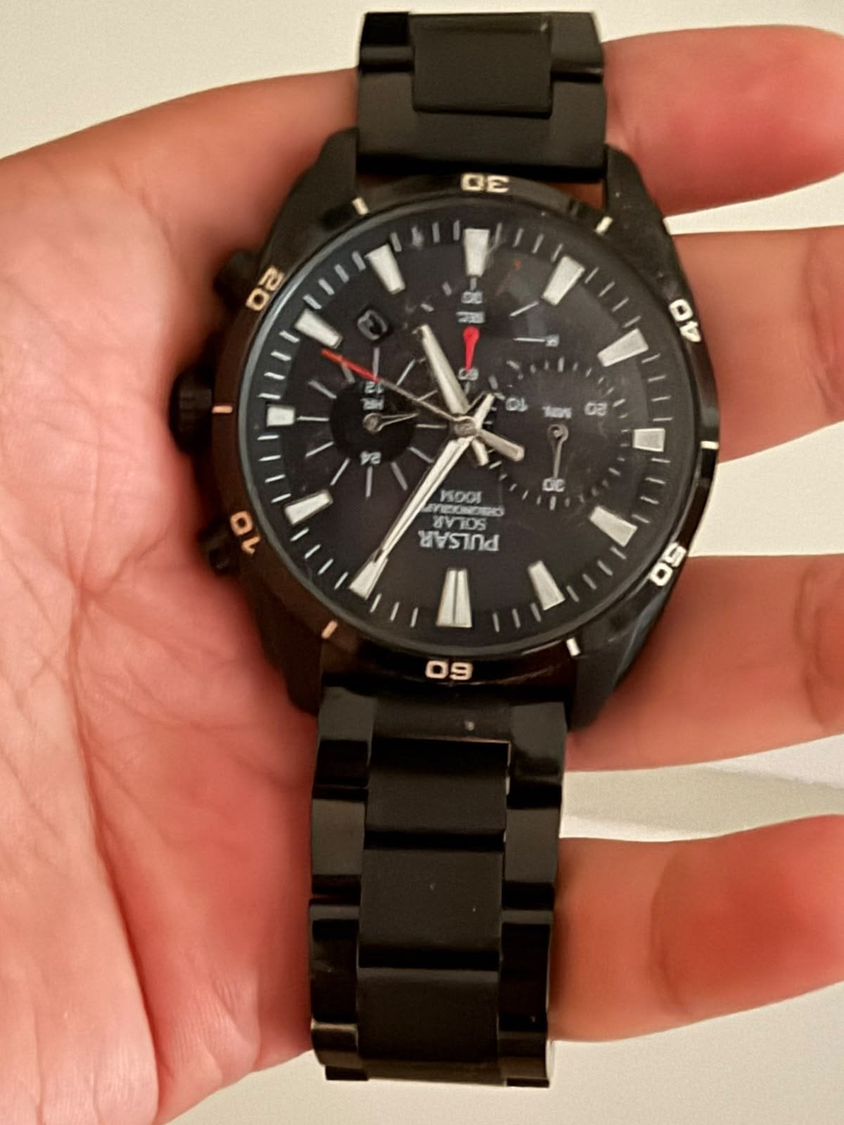 Te koop: Pulsar Solar Chronograph Herenhorloge (Zwart Staal), Overige merken, Staal, Polshorloge, Ophalen of Verzenden