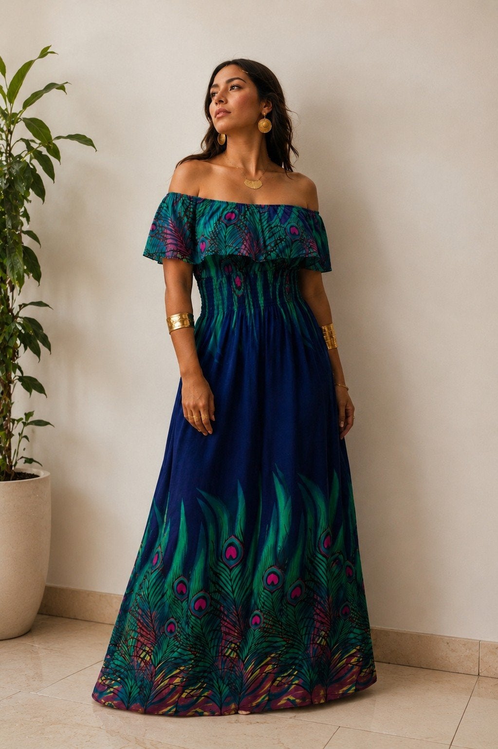 Boohoo Maxi Jurk met Pauwenverenprint - Maat L, Blauw, Boohoo, Maat 42/44 (L), Ophalen of Verzenden