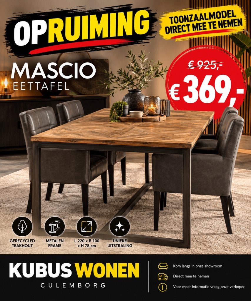 OUTLET | Mascio eettafel 220x100 | Opruiming €369 | OUTLET, Teakhout, Vijf personen of meer, Rechthoekig, LANDELIJK | INDUSTRIEEL