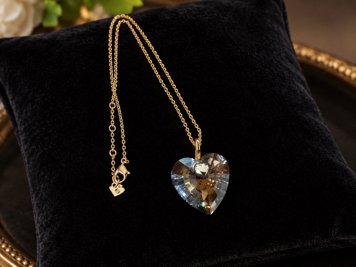 Prachtige vergulde ketting Swarovski groot hart amberkleurig, Sieraden, Tassen en Uiterlijk, Met kristal, Ophalen of Verzenden