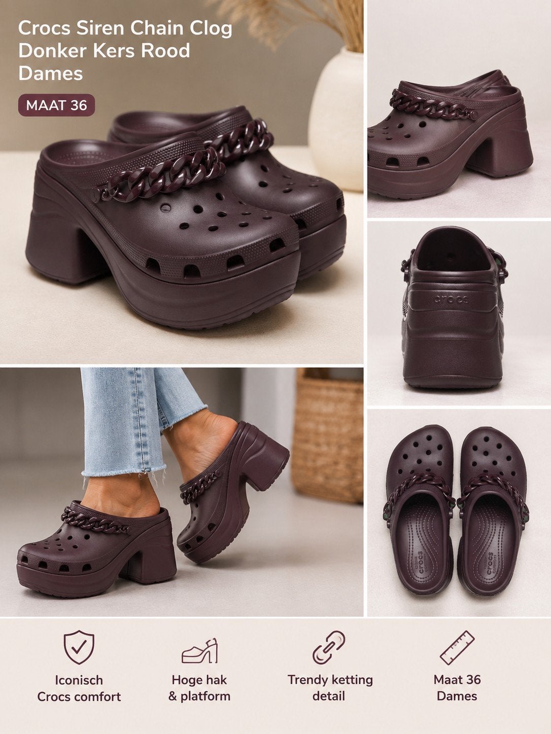 Crocs Siren Chain Clog Donker Kersenrood Dames Maat 36, Pumps, Overige kleuren, Nieuw, Ophalen of Verzenden