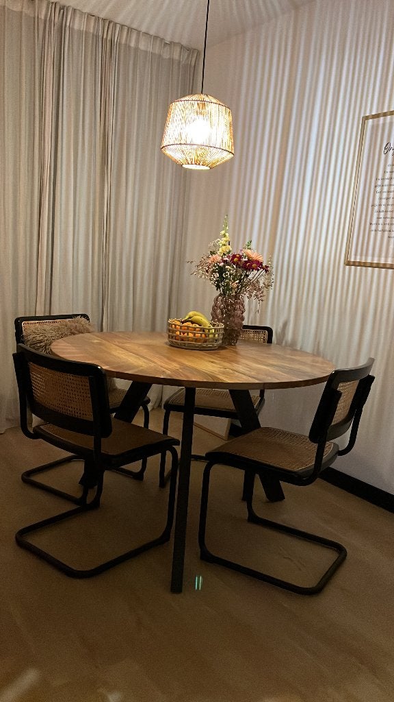 Tafel met eetkamerstoelen rotan, Ophalen, Gebruikt, 100 tot 150 cm, Rond