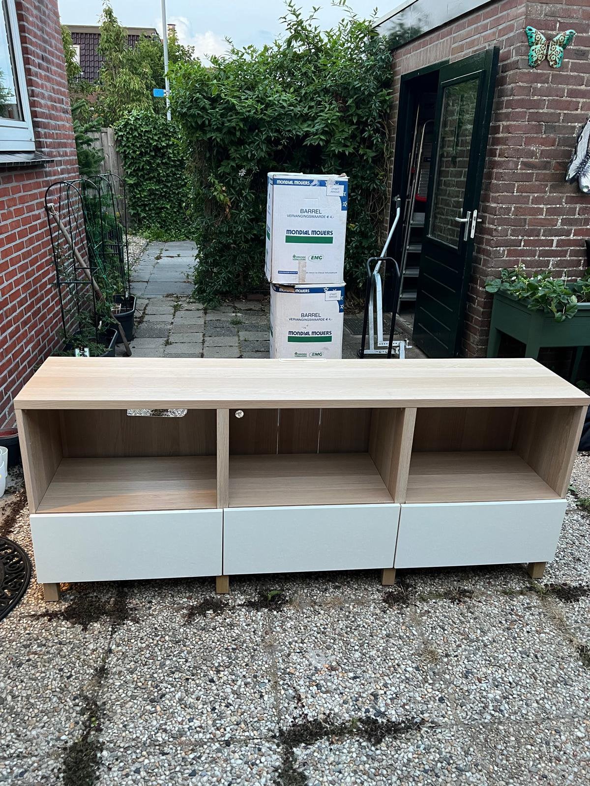 IKEA BESTÅ TV-meubel eikenlook met witte lades, Huis en Inrichting, Ophalen, Gebruikt, 150 tot 200 cm, Minder dan 100 cm