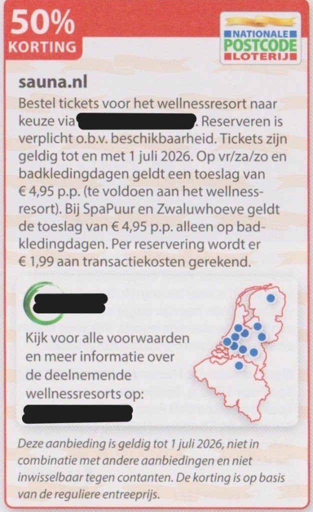 Sauna. 50% korting. Postcodeloterij kortingsbon., Tickets en Kaartjes, Drie personen of meer, Kortingsbon, Spa of Sauna