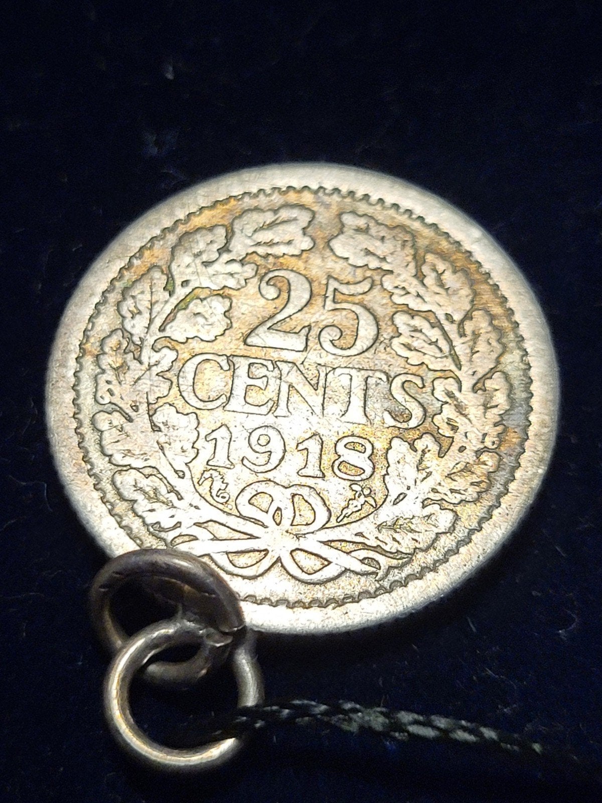 Zilveren 25 cent munt 1918 als hanger - Koningin Wilhelmina, Zilver, 25 cent, Ophalen of Verzenden, Koningin Wilhelmina