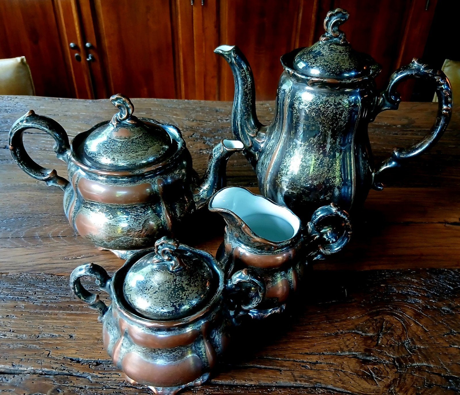 Koffie- theestel compleet 19e eeuw verzilverd porselein, Ophalen of Verzenden