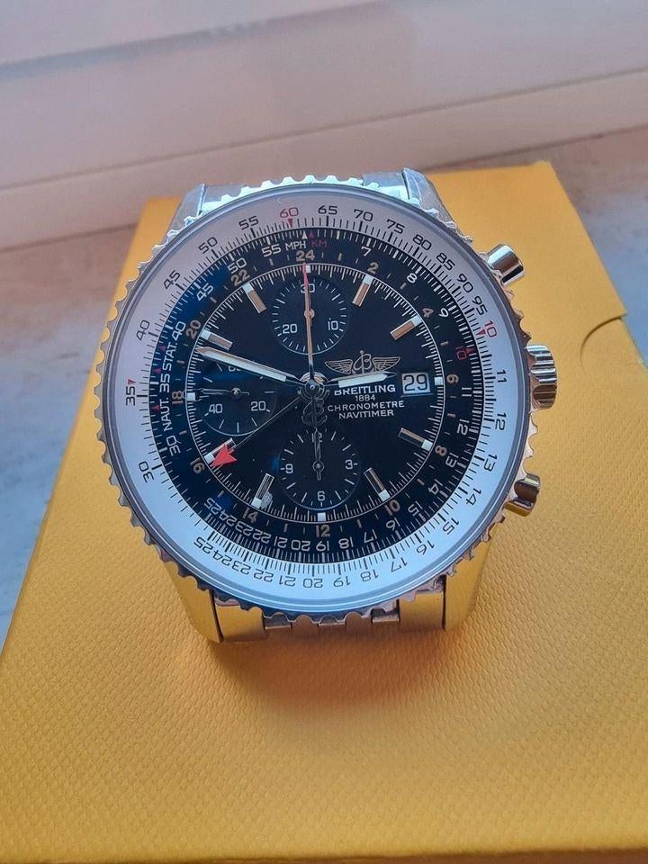 Breitling Navitimer World GMT Black Dial A24322 nieuwstaat, Staal, Staal, Breitling, Polshorloge