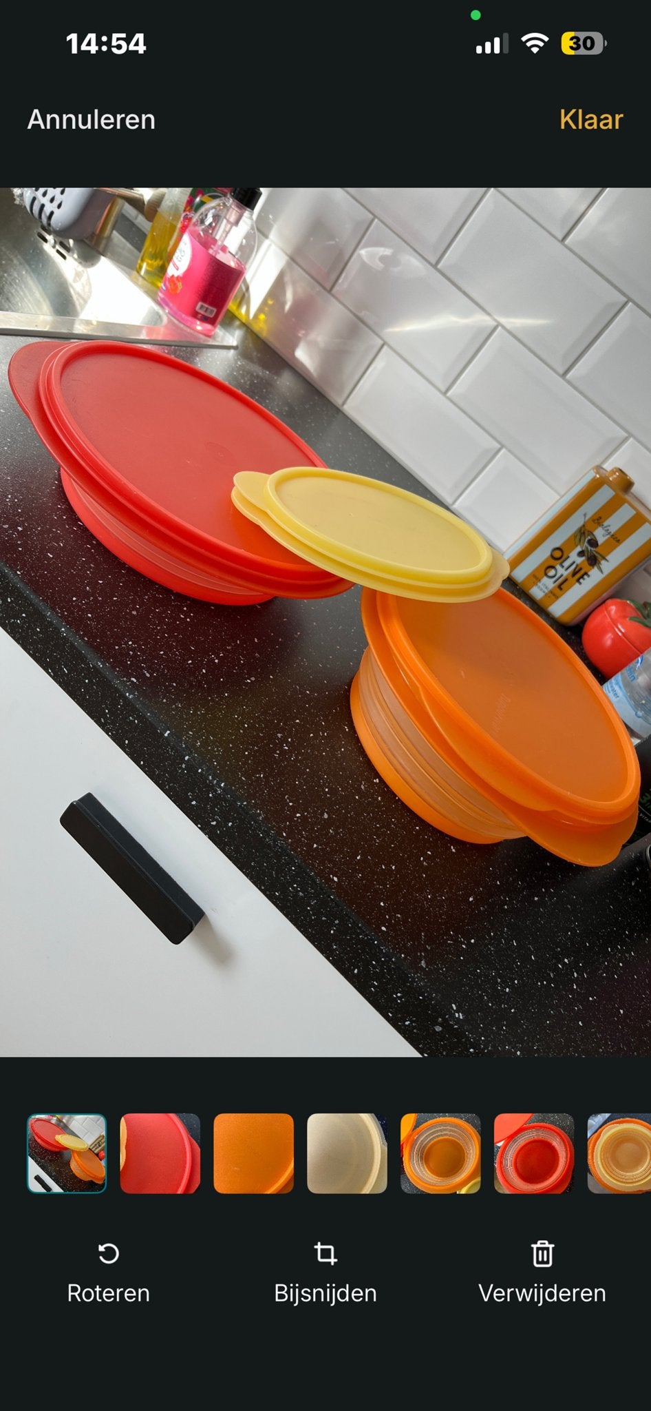 Tupperware opvouwbare kommen - rood, oranje, geel, Gebruikt, Ophalen of Verzenden, Met deksel, Bak of Kom