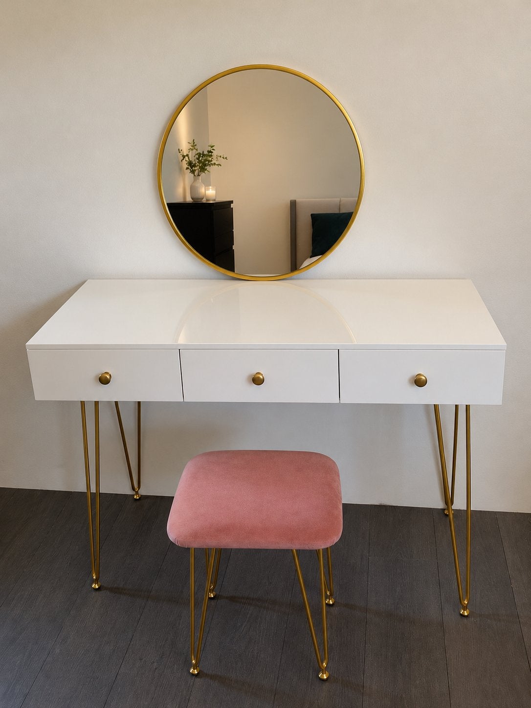 Kaptafel met spiegel en roze krukje, Ophalen, Gebruikt, 100 tot 150 cm, Minder dan 100 cm
