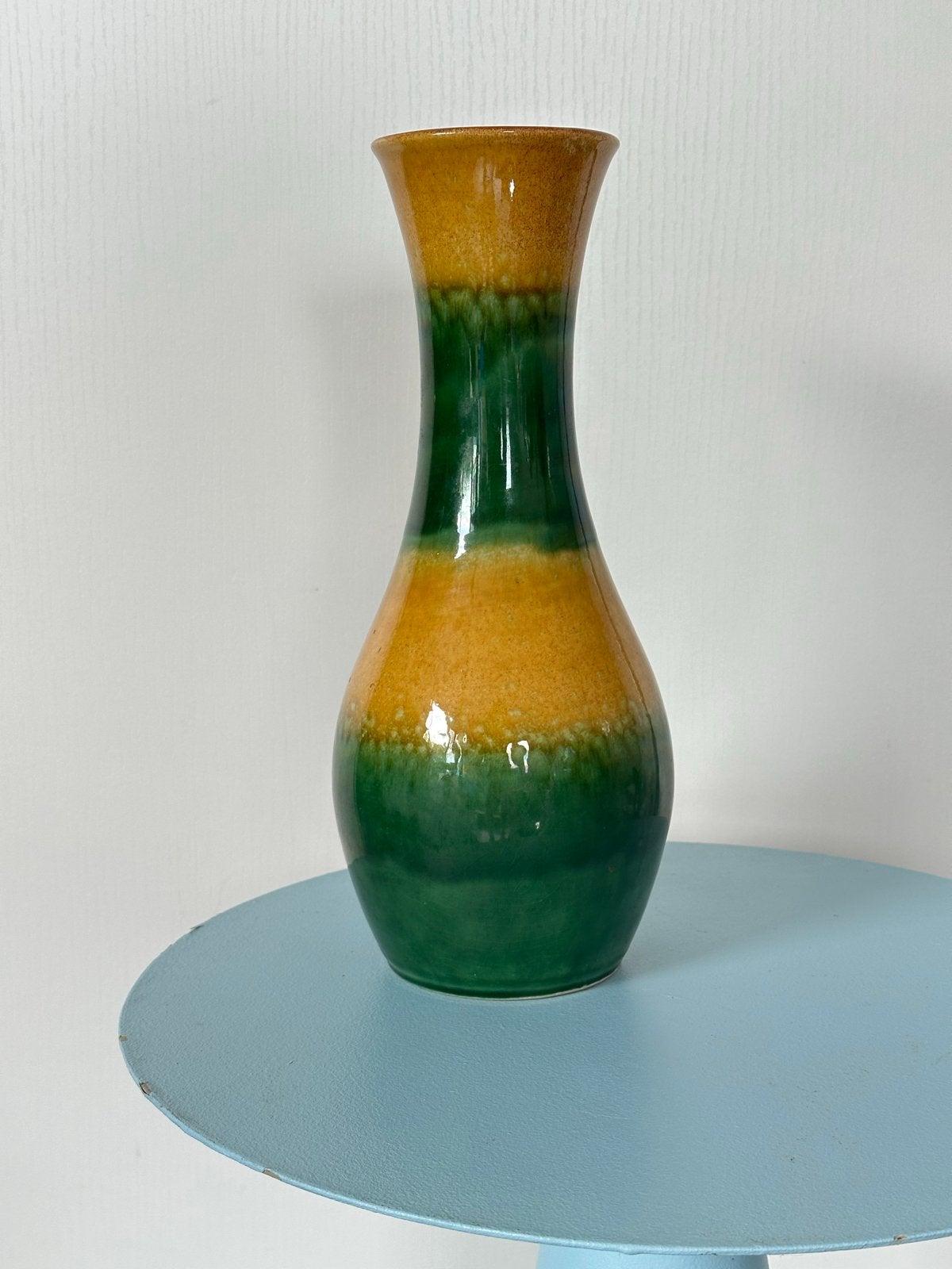 Vintage West Germany vaas 30 cm - Groen/Geel, Ophalen of Verzenden