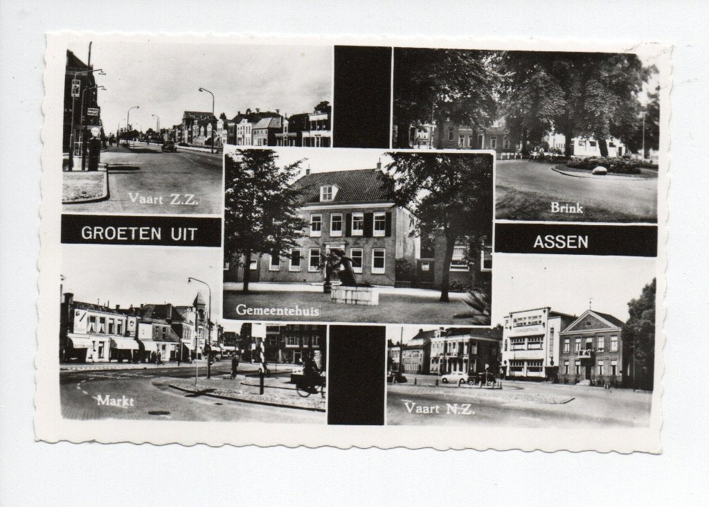 Assen - Ansichtkaart met meerdere zichten. gladde randen, Verzamelen, Ophalen of Verzenden, 1940 tot 1960, Ongelopen, Drenthe