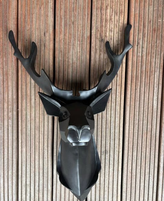 Houten 3D hertenkop zwart, Ophalen, Gebruikt, 48 cm, 73 cm