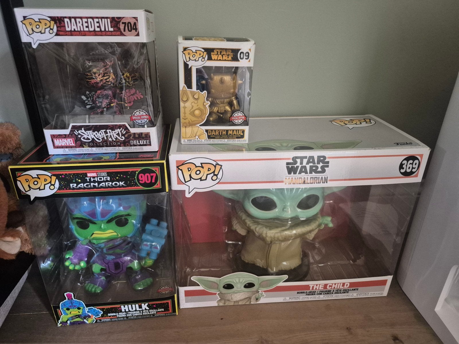 4 Funko Pops (Daredevil, Darth Maul, Hulk, The Child, Ophalen of Verzenden, Gebruikt