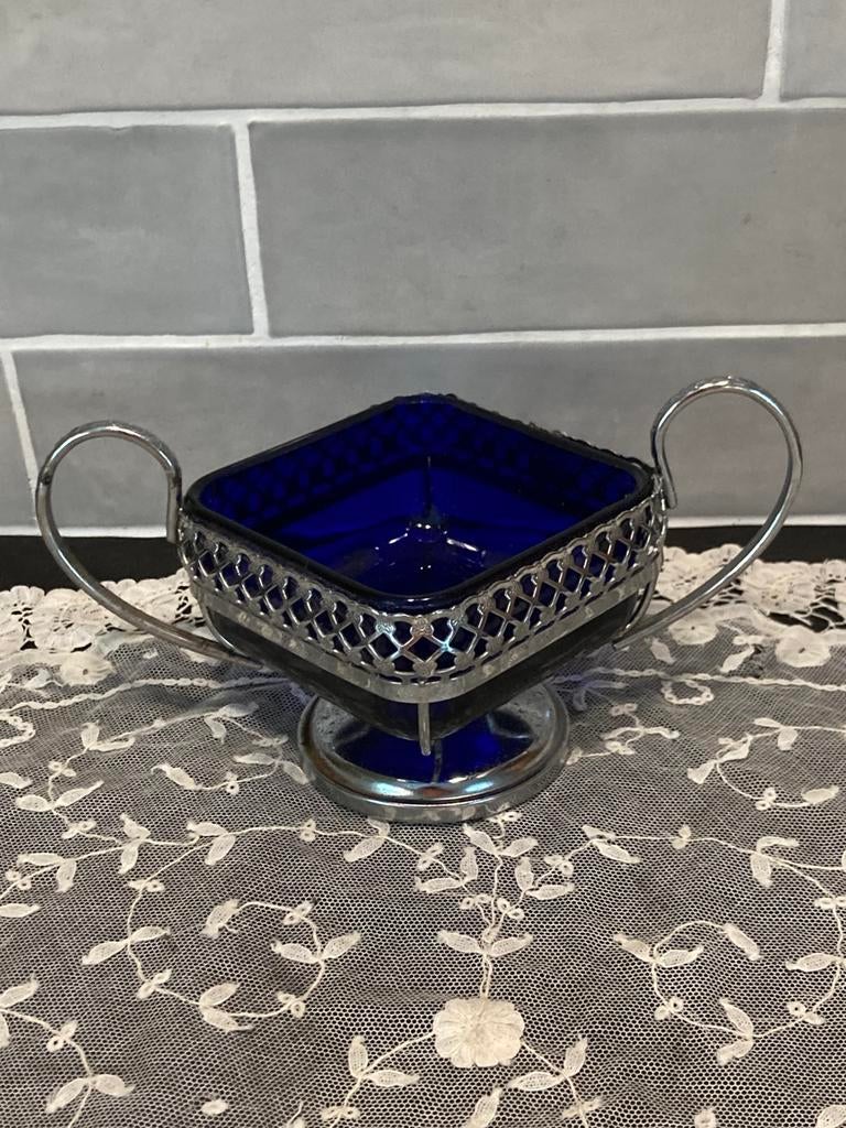 Vintage blauw glazen suikerschaaltje (020524), Ophalen of Verzenden