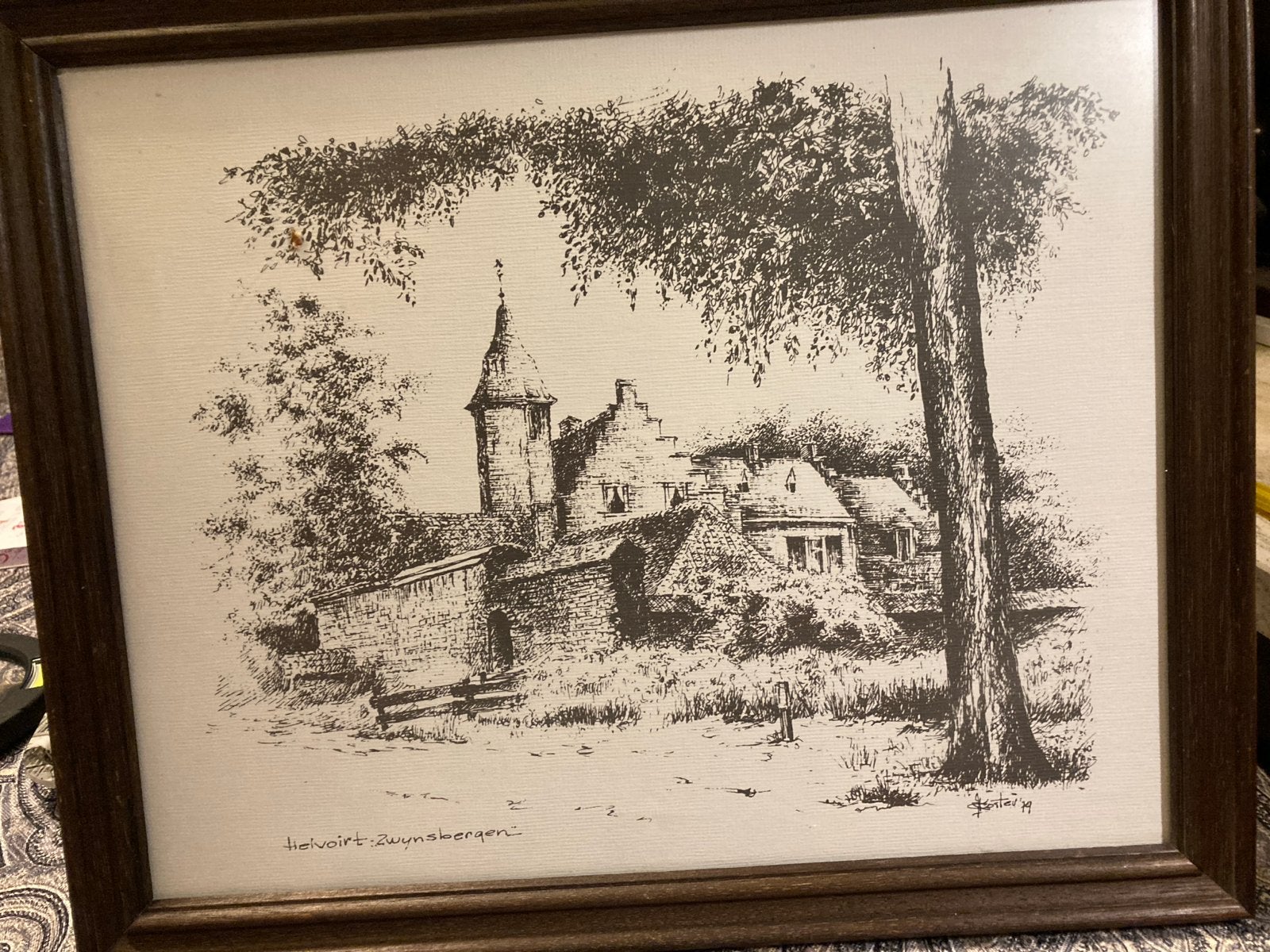 Houtskooltekening Kasteel Helvoirt Zwynsbergen Ingelijst, Ophalen of Verzenden, Tekening, Houtskooltekening, Ingelijst