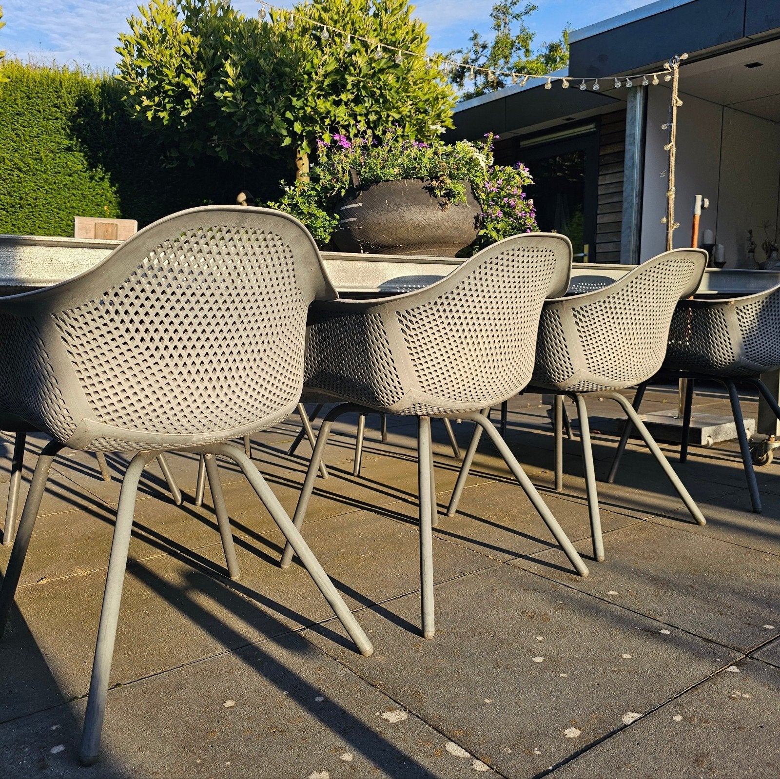 8x Antraciet Kuipmodel Tuinstoelen - Verkleurd - Setprijs, Ophalen, Kunststof