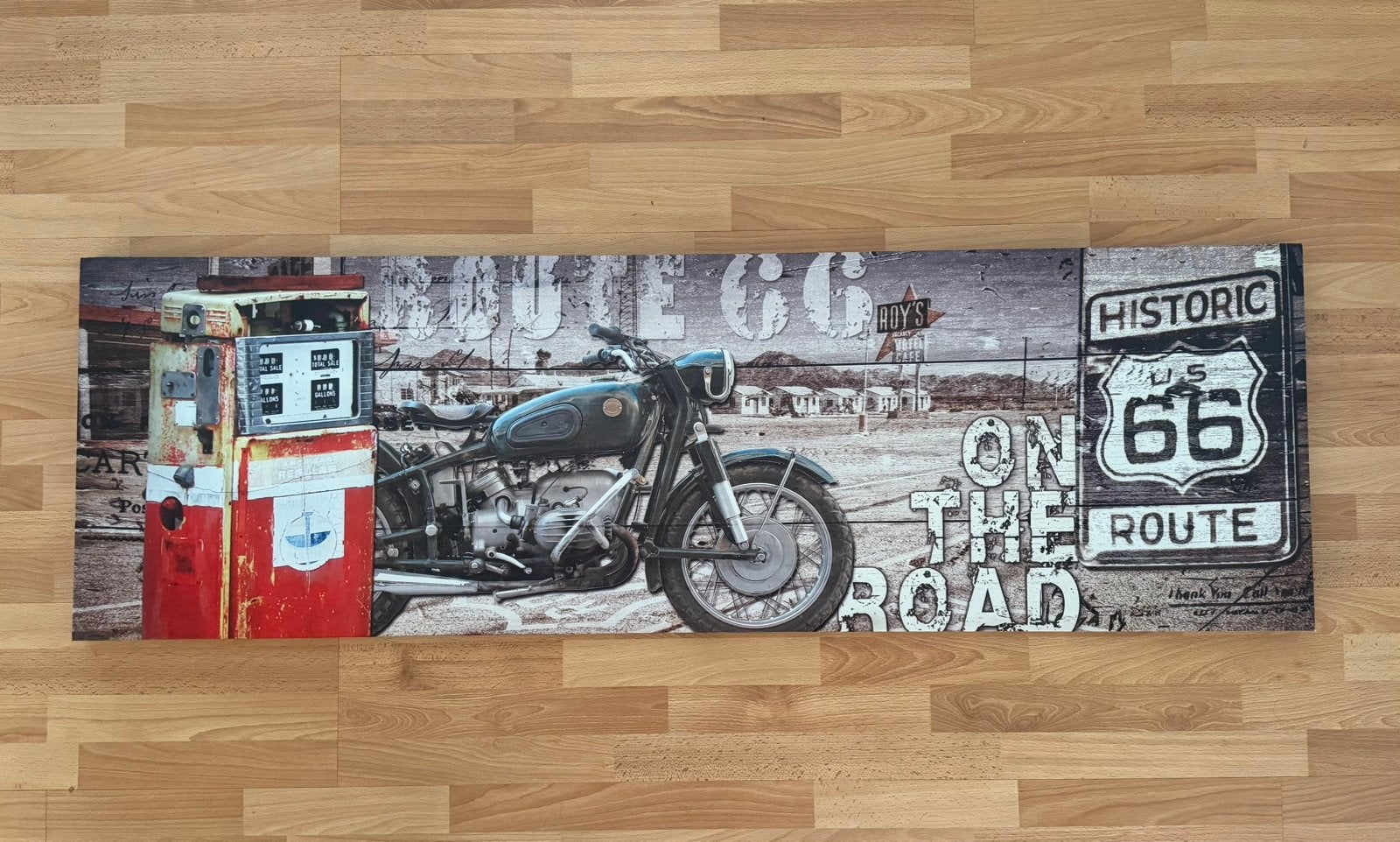 Canvasafdruk van route 66 op een houten frame., Huis en Inrichting, Ophalen, Nieuw, 125 cm of meer, Foto of Poster