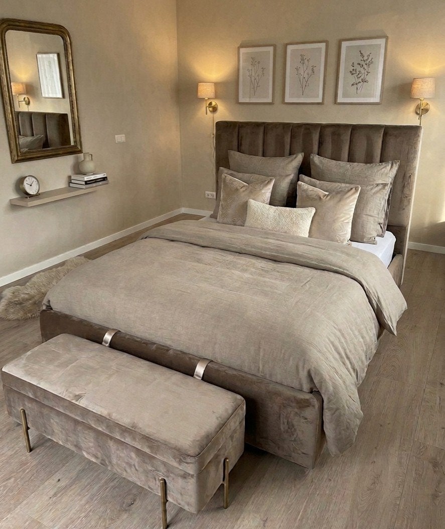 Nieuw Bruin Velvet Bed met Opbergruimte en Hoofdbord, Ophalen, Bruin, 140 cm, 200 cm