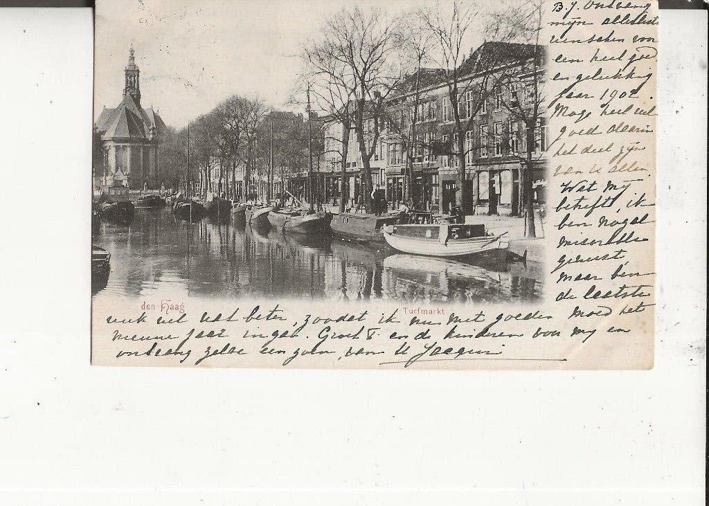 Den Haag Turfmarkt met vrachtschuiten en Kerk 31 dec 1901, Ophalen of Verzenden, Voor 1920, Gelopen, Zuid-Holland