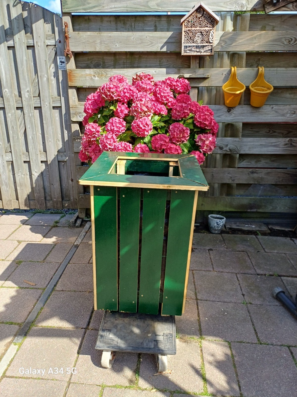 Groene houten bloembak, vierkant, 60 cm hoog, Tuin en Terras, Bloembakken en Plantenbakken, Ophalen, Gebruikt, Minder dan 60 cm