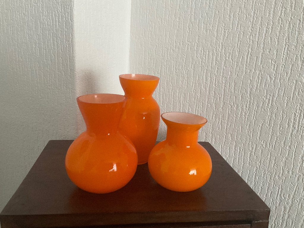 3 Oranje glazen vaasjes (H16, 14, 12cm, ø7cm), Ophalen, 14 cm, Nieuw, Oranje