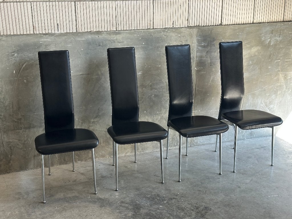 Fasem S44 eetkamerstoelen zwart leer chroom set van 4, Huis en Inrichting, -, Zwart, -, Ophalen of Verzenden