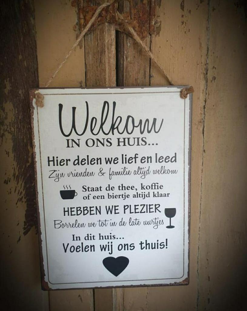 Metalen tekst bord wit "Welkom in ons huis" spreuk, Ophalen of Verzenden, Nieuw