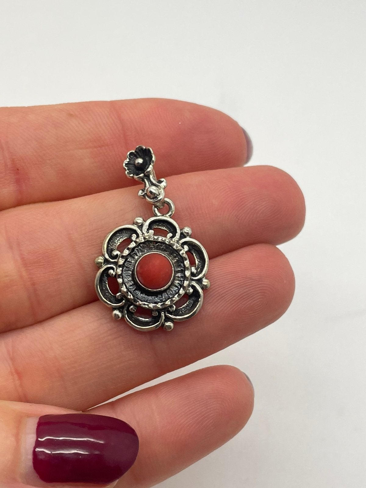 F970 Prachtige zilveren antieke hanger bloedkoraal, Sieraden, Tassen en Uiterlijk, Ophalen of Verzenden, Zilver, Ketting, Met edelsteen