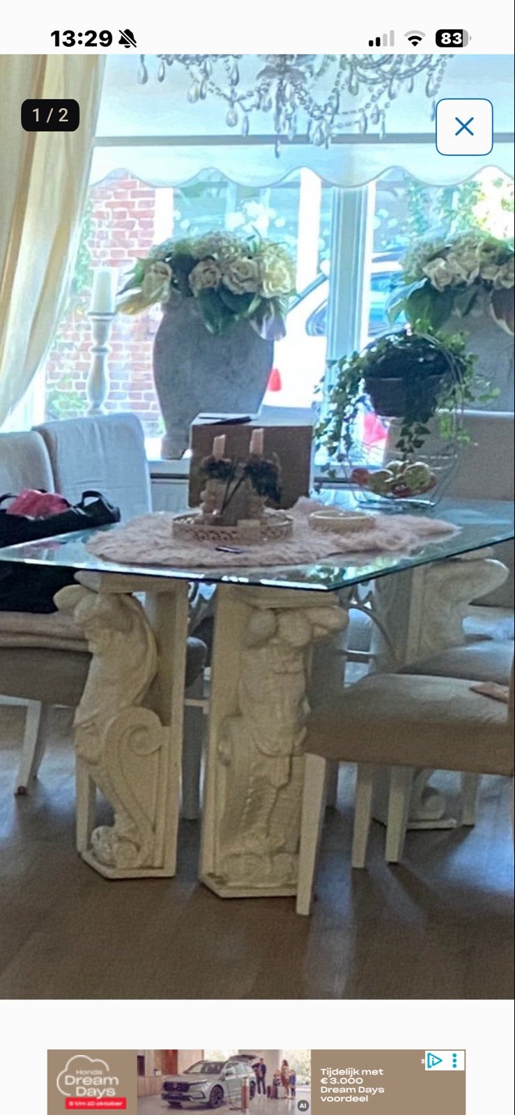 Fossiele Griekse/Romeinse barok Stenen Eettafel, Ophalen of Verzenden, Gebruikt, Glas