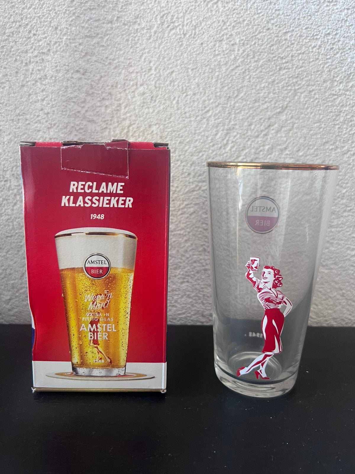 Amstel Bierglas 'Wees 'n Man!' Reclame Klassieker 1948, Ophalen of Verzenden, Zo goed als nieuw, Glas of Glazen, Amstel