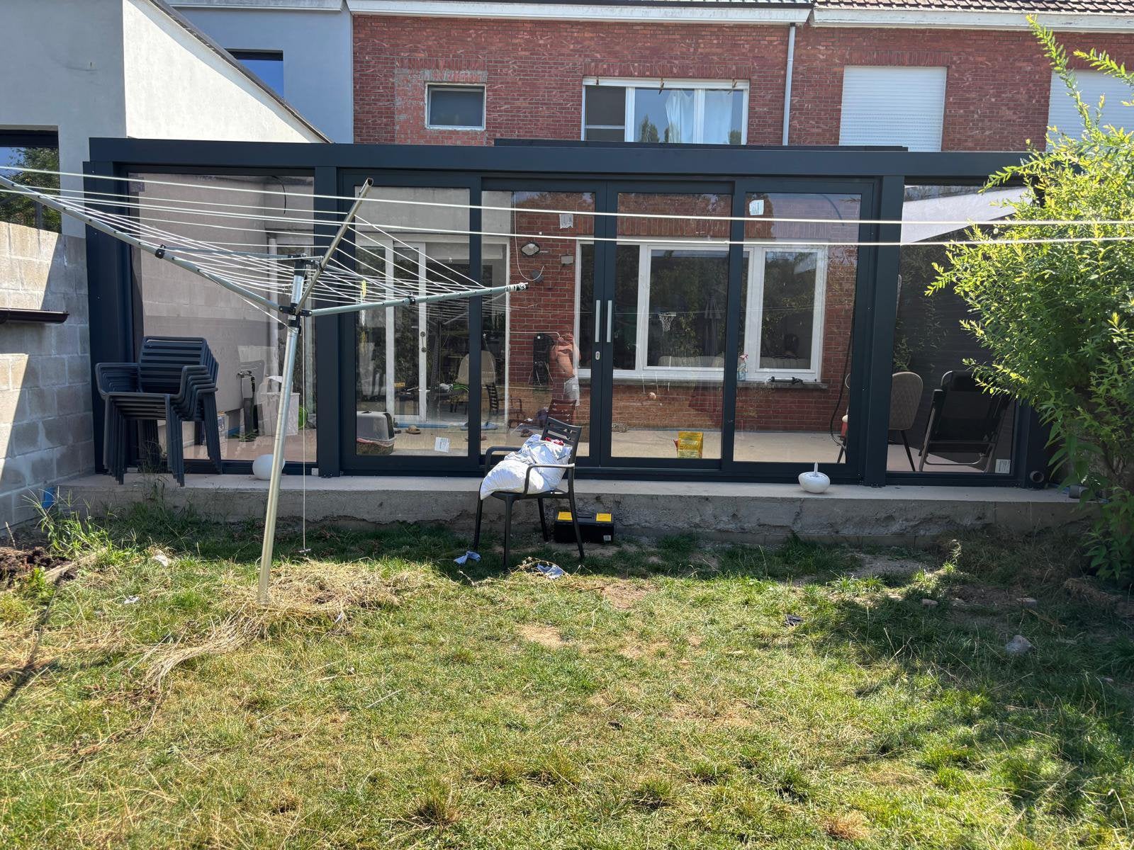 Schuifpui en 2 vaste ramen+Aluminium zij panneel met spie, Tuin en Terras, Ophalen, Zo goed als nieuw, Veranda