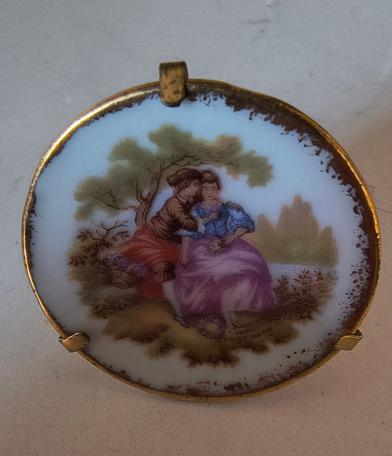Antieke Limoges Porseleinen Medaillon - Romantisch Scène, Ophalen of Verzenden