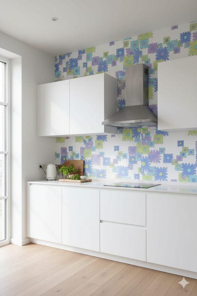4804 vintage bloemenbehang in blauw lila en limegroen swiet, Ophalen of Verzenden, Minder dan 10 m², Wit
