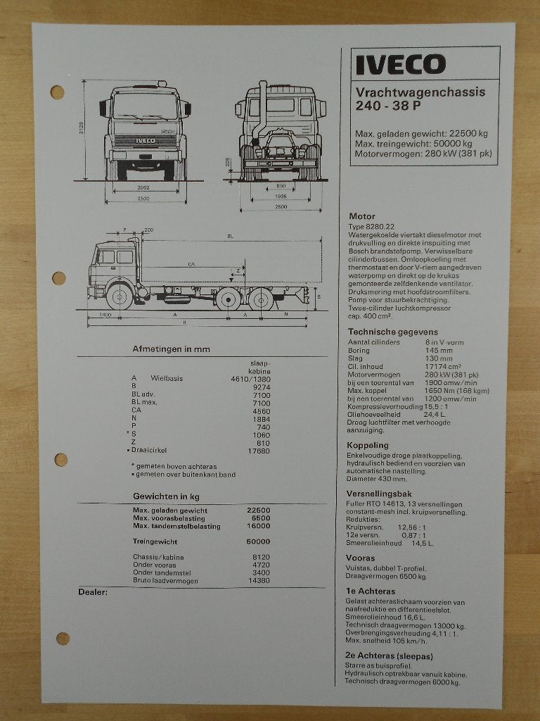 Iveco 240.38 P 6x2 Technische Specificatie Brochure 1983, Iveco, Ophalen of Verzenden, Zo goed als nieuw, Overige merken