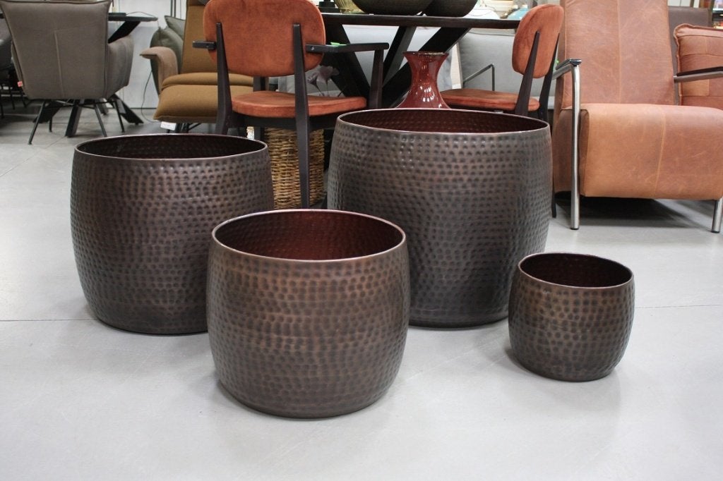 Grote ronde bloempotten metaal gehamerd Old Silver & Brown, 25 tot 40 cm, Rond, Ophalen of Verzenden, Minder dan 40 cm