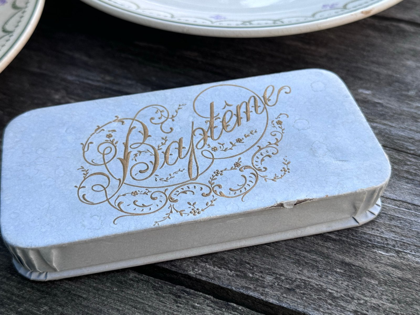 Vintage kartonnen doosje 'Baptême' in zacht paars, Ophalen of Verzenden