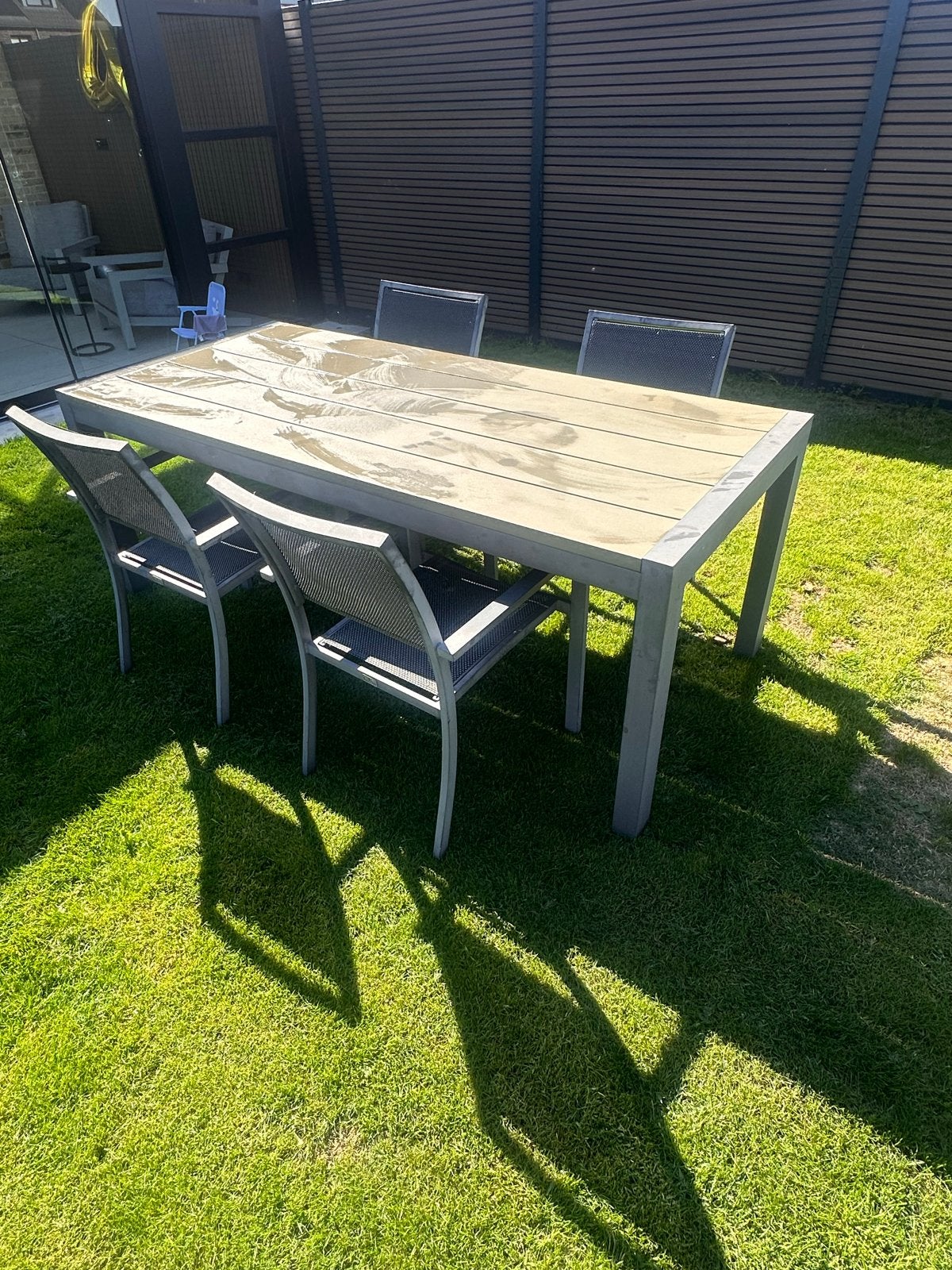 Tuintafel 2m met 4 Bois le Duc tuinstoelen, Ophalen of Verzenden, Gebruikt, Rechthoekig, Aluminium
