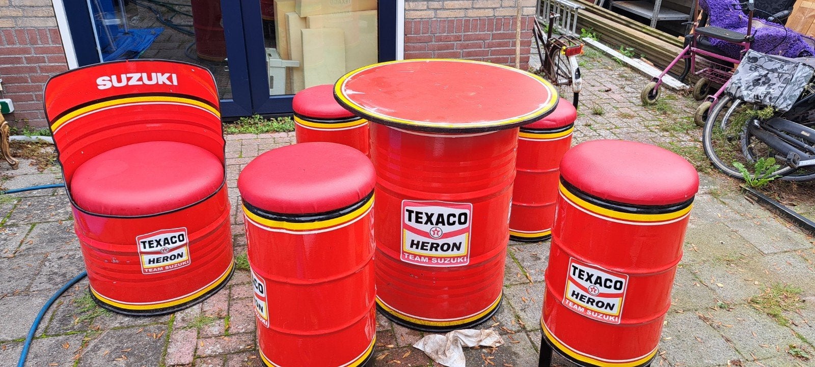 UNIEKE 8-DELIGE TEXACO HERON TEAM SUZUKI MANCAVE SET, Ophalen, Vintage, Gebruikt, Metaal