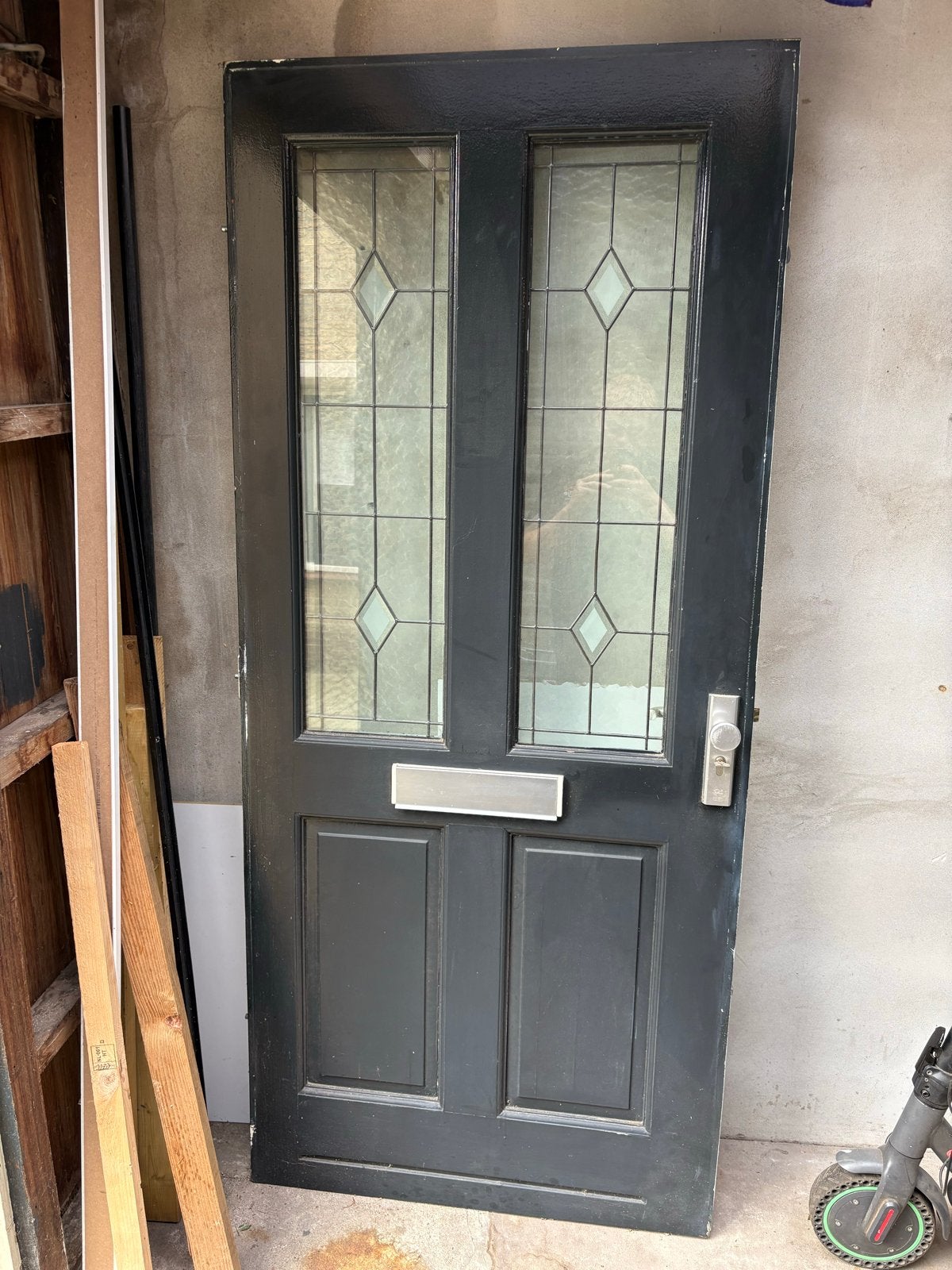 Voordeur/buitendeur met glas in lood hardhout, Ophalen, Gebruikt, 80 tot 100 cm, Buitendeur